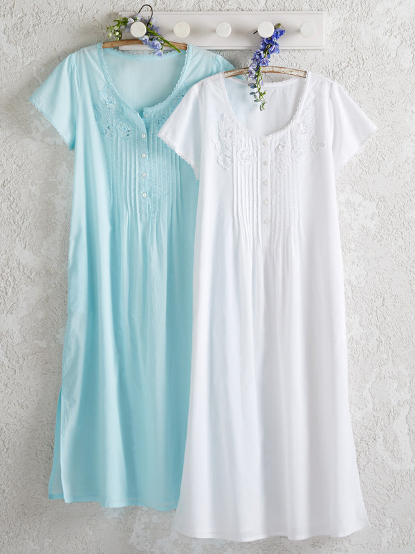 Pleated Cotton Appliqué Nightgown FINAL SALE (No Returns)