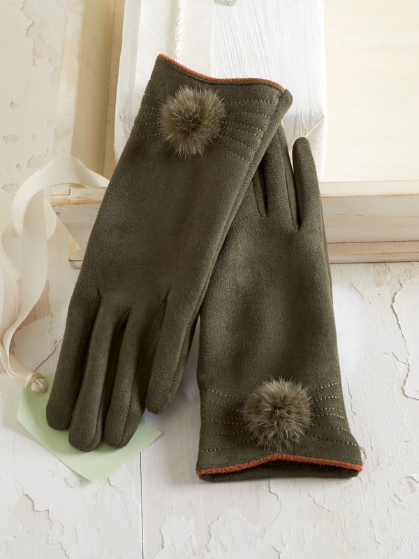 Posh Pom-Pom Faux Microsuede Gloves