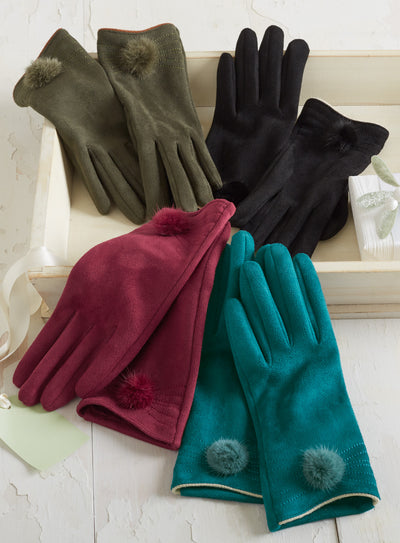 Posh Pom-Pom Faux Microsuede Gloves