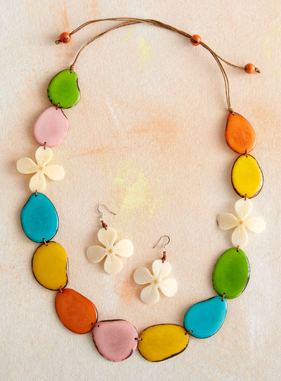 Petal and Palm Tagua Necklace and Earrings Set