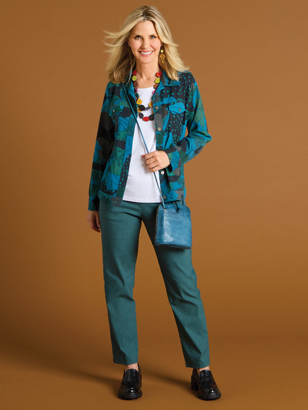 Retro Print Jacket and Heathered Pants Outfit