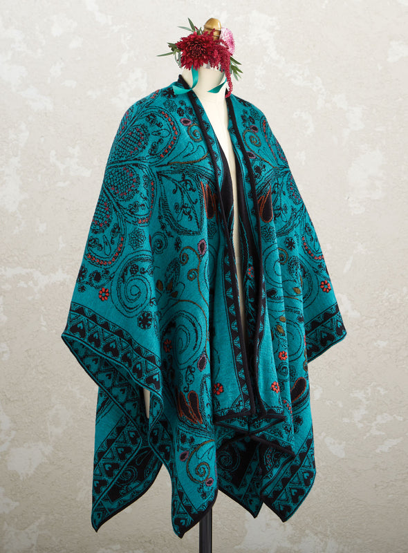 Teal Jacquard Reversible Alpaca Poncho