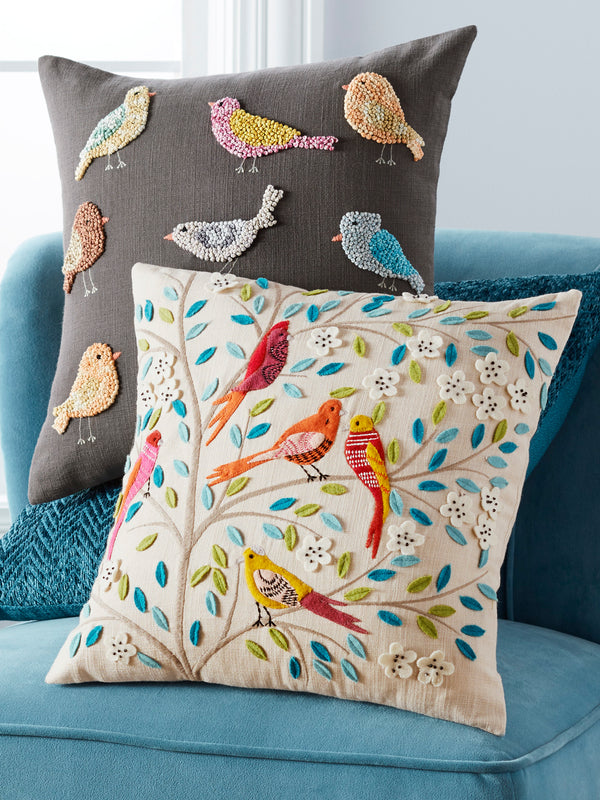 Indian Songbird Embroidered Throw Pillows