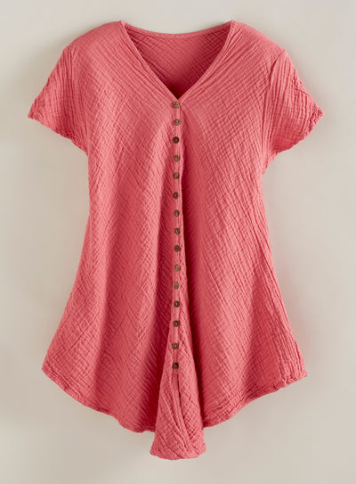 Crinkle Cotton Button-Front Blouse