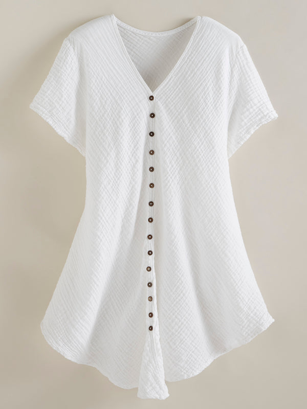 Crinkle Cotton Button-Front Blouse