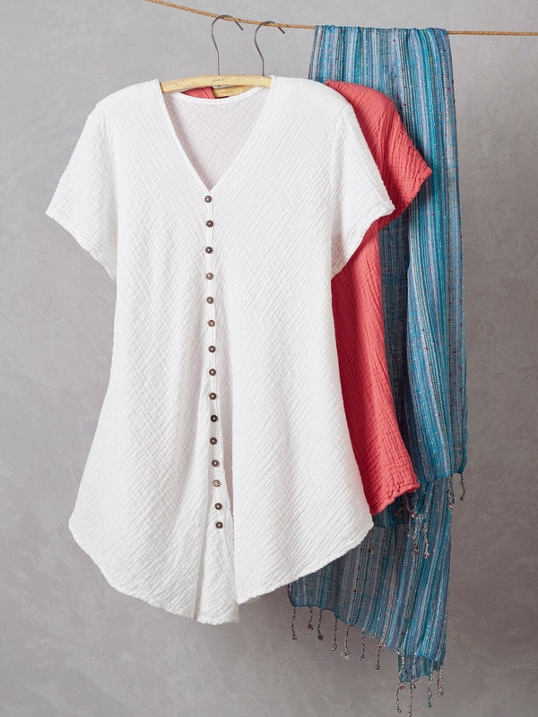 Crinkle Cotton Button-Front Blouse