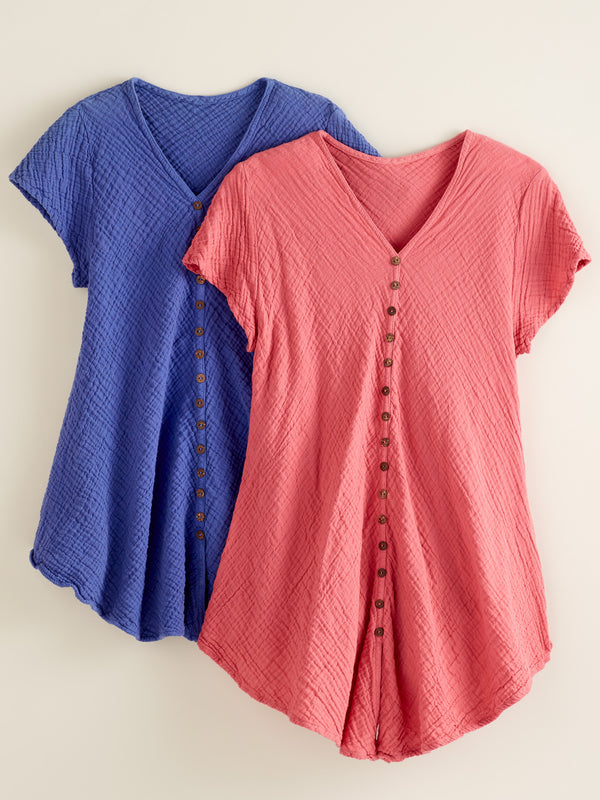 Crinkle Cotton Button-Front Blouse