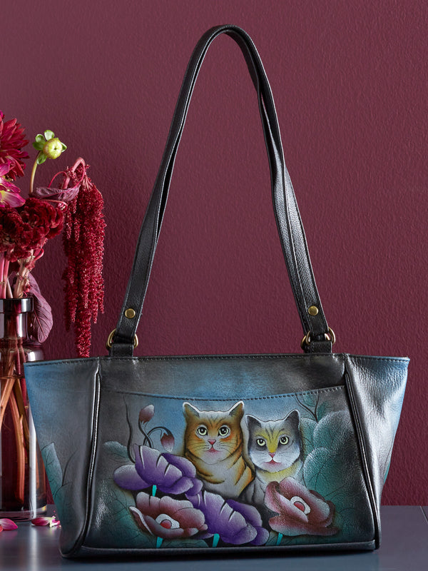 Purrfect Pair Hand-painted Leather Petite Tote