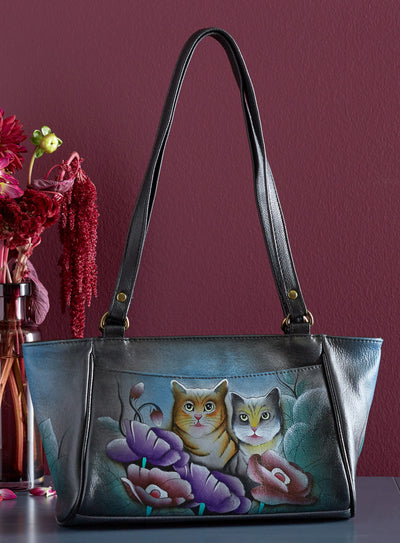 Purrfect Pair Hand-painted Leather Petite Tote