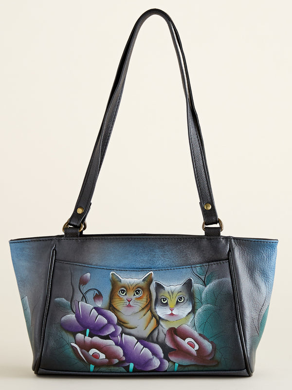 Purrfect Pair Hand-painted Leather Petite Tote