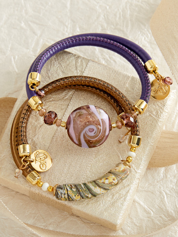 Venetian Glass Wrap Bracelets - Set of Purple and Copper