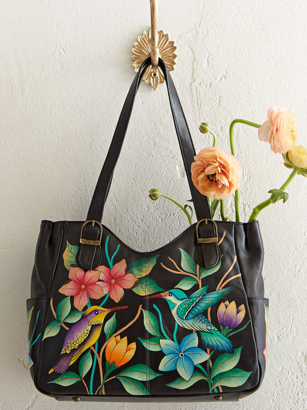 Hummingbirds at Night Hand-Painted Shoulder Bag