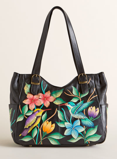 Hummingbirds at Night Hand-Painted Shoulder Bag