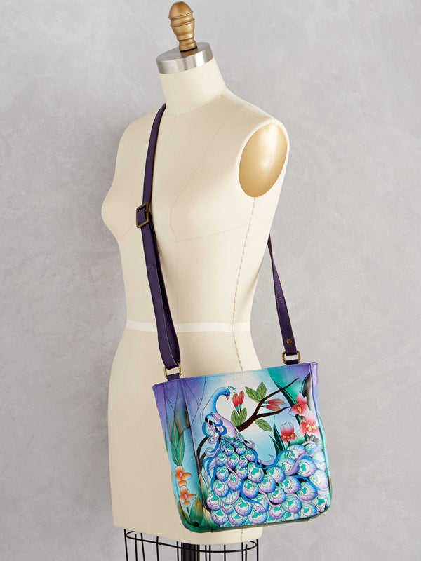 Hand-painted Purple Peacock Crossbody Tote