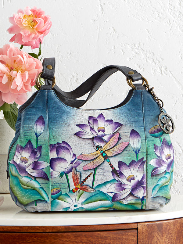 Dragonfly and Lotus Hand-Painted Leather Hobo Bag FINAL SALE (No Returns)