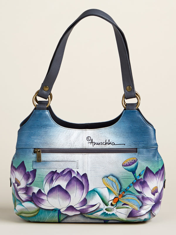 Dragonfly and Lotus Hand-Painted Leather Hobo Bag FINAL SALE (No Returns)