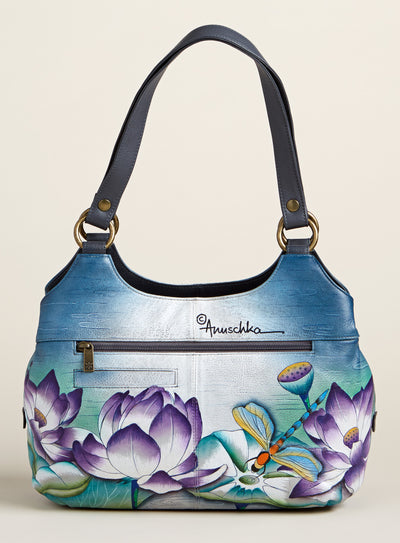 Dragonfly and Lotus Hand-Painted Leather Hobo Bag FINAL SALE (No Returns)