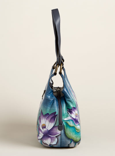 Dragonfly and Lotus Hand-Painted Leather Hobo Bag FINAL SALE (No Returns)