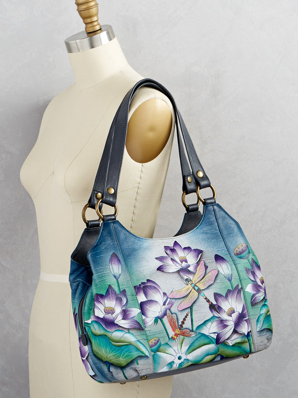 Dragonfly and Lotus Hand-Painted Leather Hobo Bag FINAL SALE (No Returns)