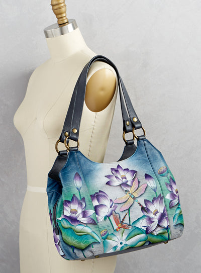 Dragonfly and Lotus Hand-Painted Leather Hobo Bag FINAL SALE (No Returns)