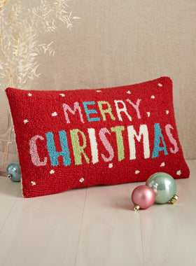 Merry Christmas Hooked Wool Pillow