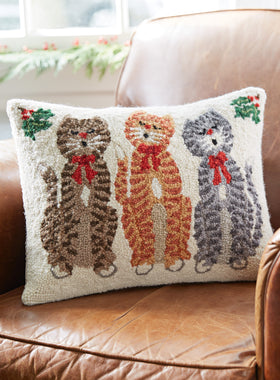 Caroling Cats Hooked Wool Pillow