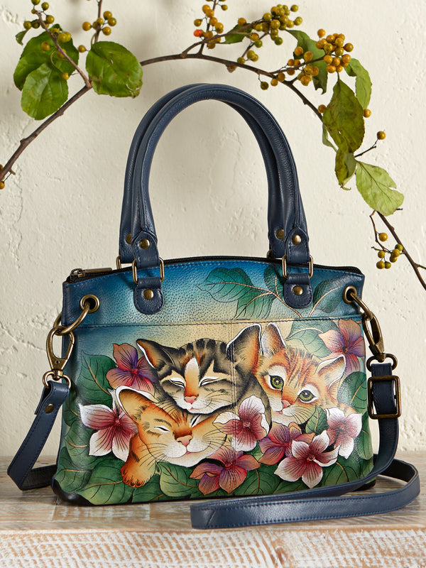 Kitten Trio Hand-Painted Leather Satchel