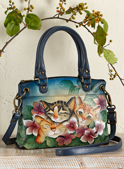 Kitten Trio Hand-Painted Leather Satchel