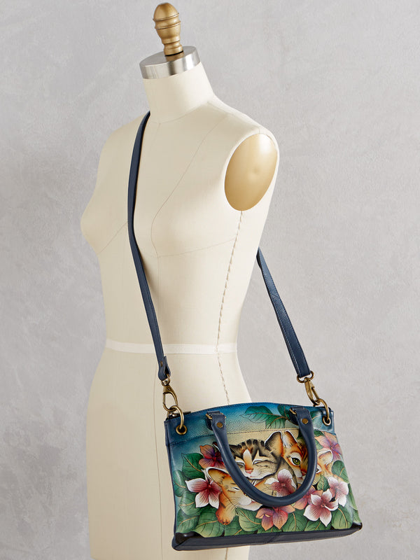 Kitten Trio Hand-Painted Leather Satchel