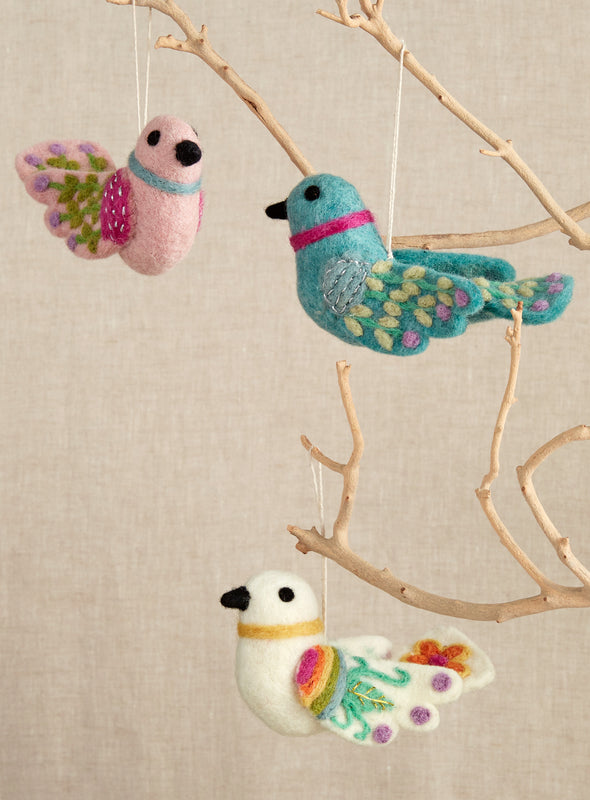 Pastel Lovebird Felted Ornaments - Set of 3