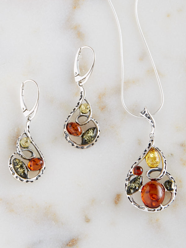 Amber Energy Tricolor Earrings and Necklace Set