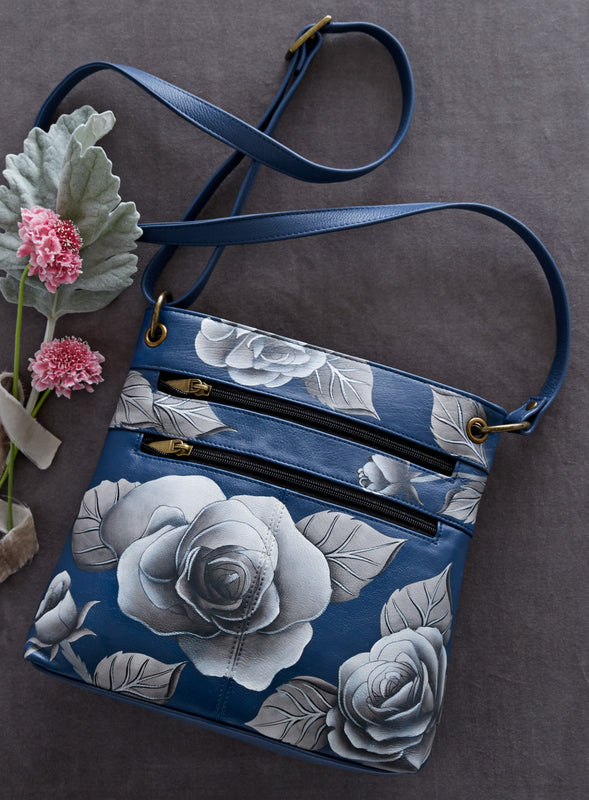 Midnight Rose Hand-painted Leather Crossbody Purse