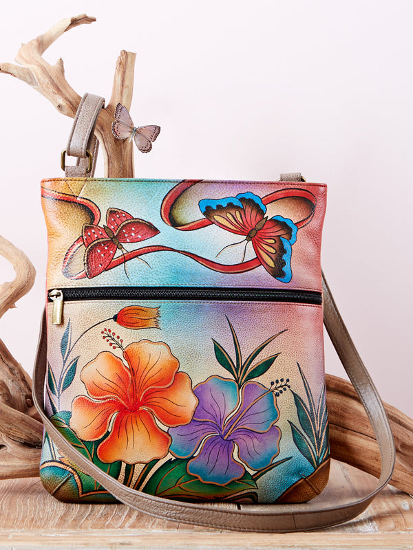 Hibiscus Hand-painted Leather Crossbody Bag FINAL SALE (No Returns)