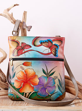 Hibiscus Hand-painted Leather Crossbody Bag FINAL SALE (No Returns)