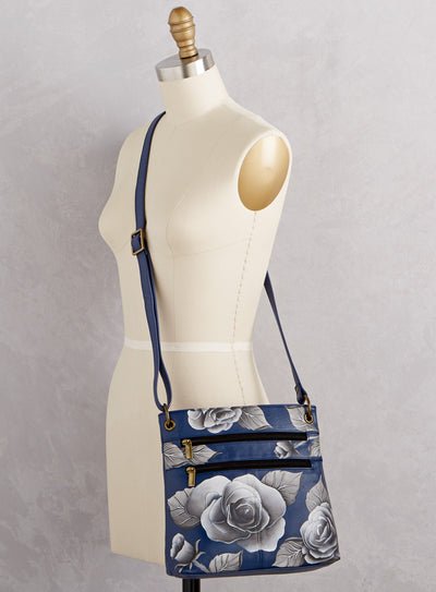 Midnight Rose Hand-painted Leather Crossbody Purse