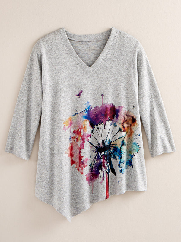 Dandelion Drawing V-Neck Top